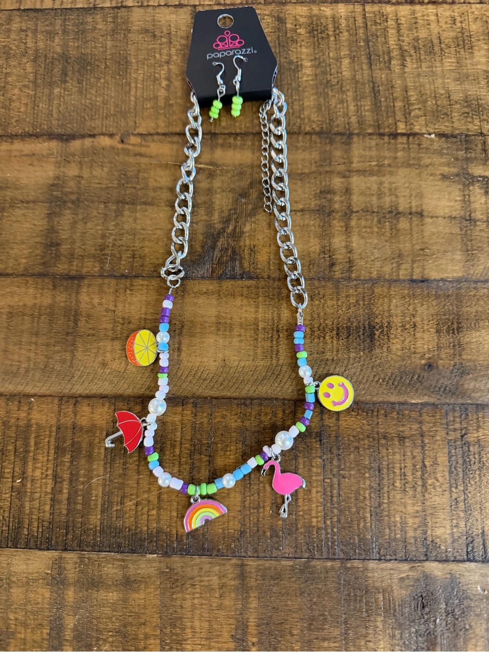 paparazzi Neon Charm Bead Necklace with Flamingo, Rainbow & Smiley